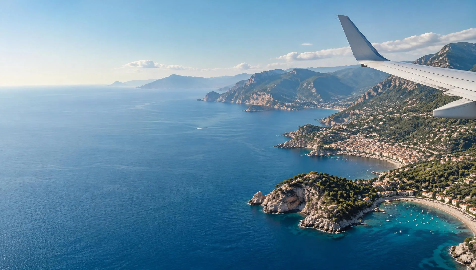 Sunlit Mediterranean coastline and blue sea viewed from an airplane