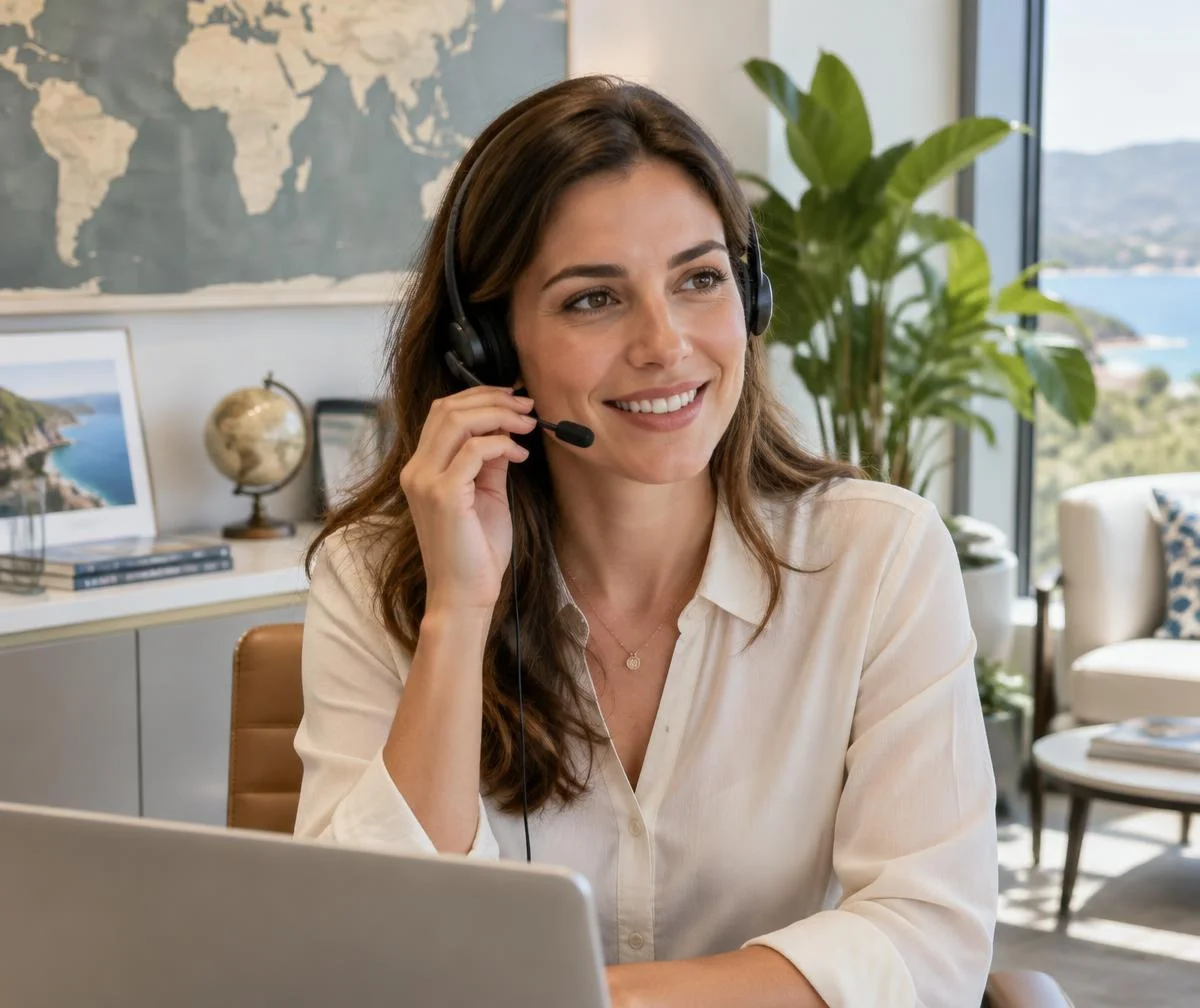 A travel representative wearing a headset and listening attentively in a bright office